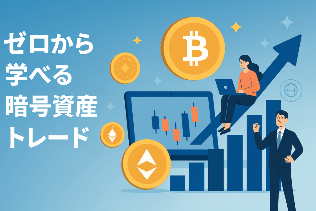 ゼロから学べる暗号資産トレードというテキストとチャートと投資家イラストが入った画像