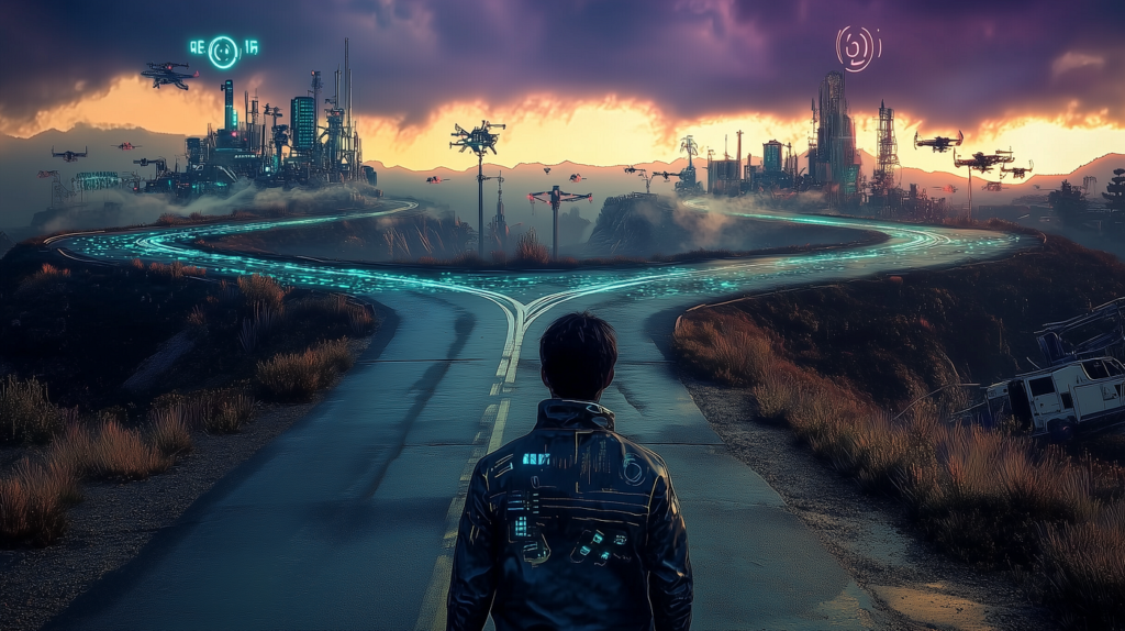 悩まずに結果を出せる時代における 正しい順番と間違った順番の分岐点を描いた未来都市の分かれ道