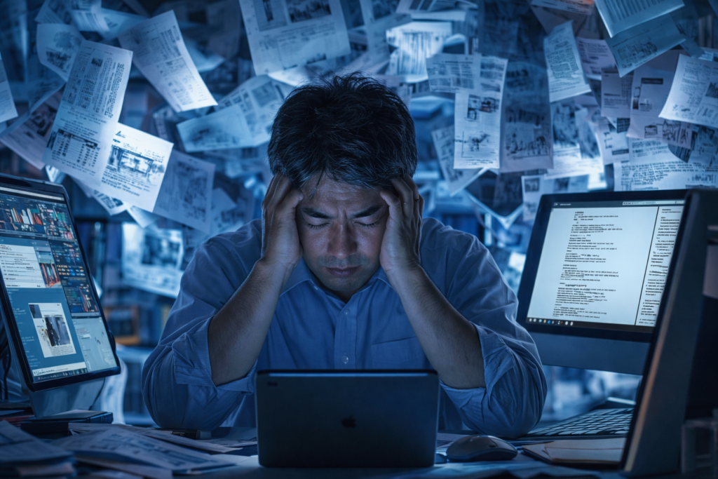 大量の情報に囲まれ 判断できずに悩む40代日本人男性を象徴した 情報過多の投資イメージの画像