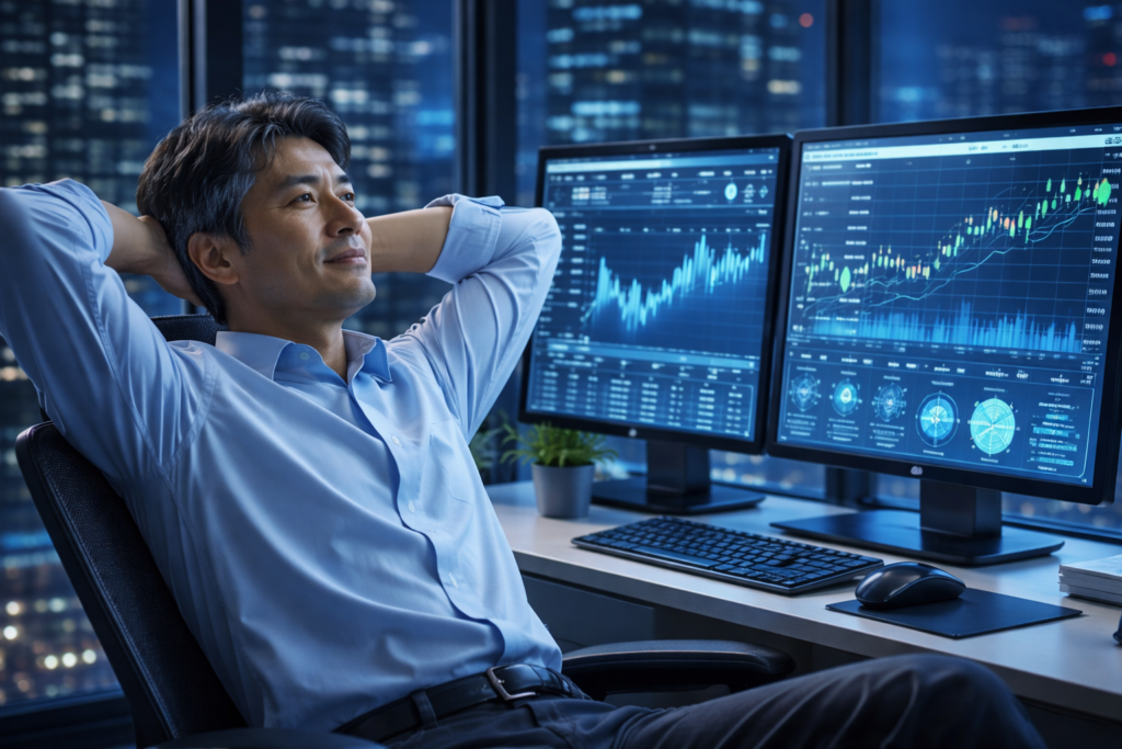 トレードで勝つために 不安を増やさない仕組み化によって落ち着いて判断できている40代日本人男性のイメージ