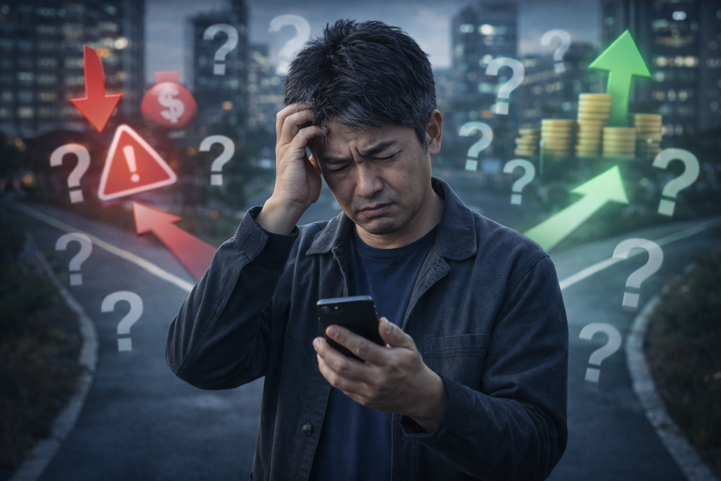 投資で失敗し スマホを見つめながら判断に迷い 顔を顰めている40代の日本人男性のイメージ