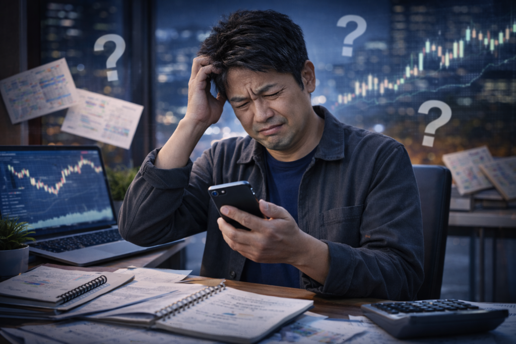 準備不足のまま自己流で判断し スマホを見ながら投資に悩み 顔を顰めている40代の日本人男性のイメージ