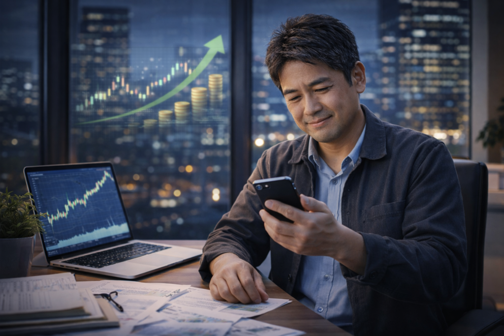 無料メール講座を購読し 投資の判断軸を身につけて 落ち着いて高い実績を積み上げている40代日本人男性のイメージ