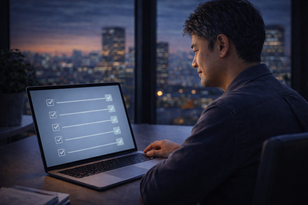 判断が整理され 迷いが消えた状態で 次の一歩を静かに考えている40代日本人男性のイメージ