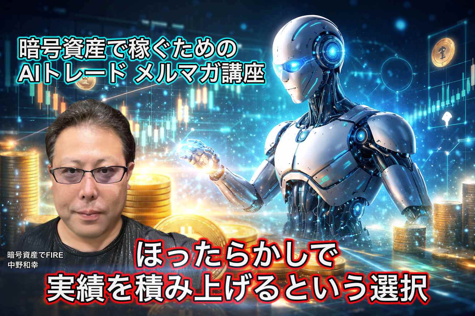 暗号資産で稼ぐための AIトレード メルマガ講座 ほったらかしで実績を積み上げるという選択というタイトルのヘッダー画像